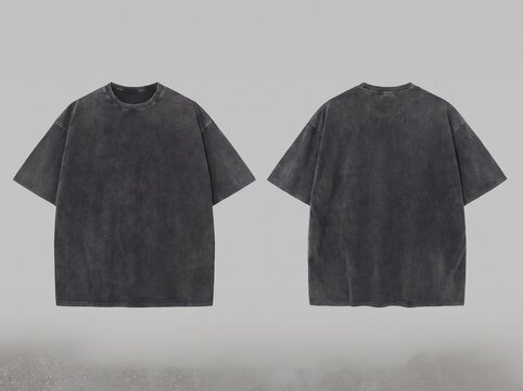 Front and back view of a blank black acid wash oversized t-shirt mockup for streetwear apparel design