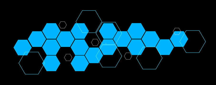 Bright blue tech hexagon pattern on black background for corporate business website banner, cryptocurrency backdrop and digital marketing poster