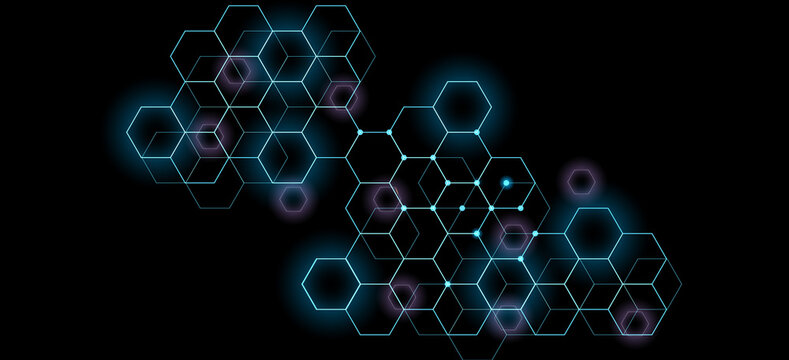  Digital blue glowing hexagon molecule structure network concept on black background