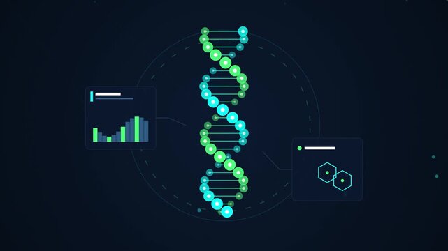 DNA Double Helix Structure Rotating with Scientific Data Visualization Elements on Dark Background