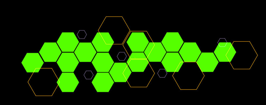  Futuristic bright green hexagon grid with orange wireframe shapes on black background
