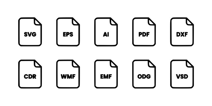 Document Icons Set with File Format Symbols Svg, Eps, Ai, Pdf, Dxf, Cdr, Wmf, Emf, Odd, Vsd. Graphic Design Elements for Digital Media.