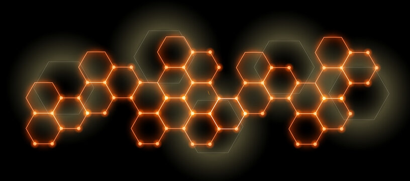 Futuristic abstract neon orange hexagon grid tech structure on black background