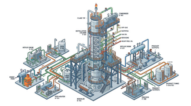 Diagram illustrating the complex processes and interconnected components of a modern industrial chemical plant, including distillation and processing units.