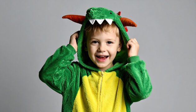 boy wearing dinosaur hoodie pretending to be a monster