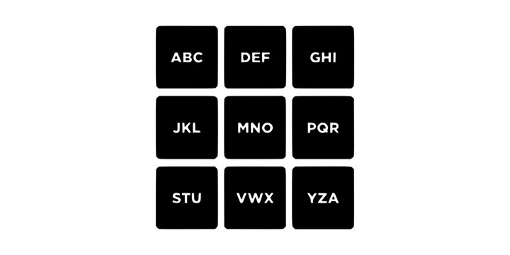 Grid of Ten Square Icons with Black and White Color Scheme Featuring Design, Typography, Letters with Alphabet and Abc Elements