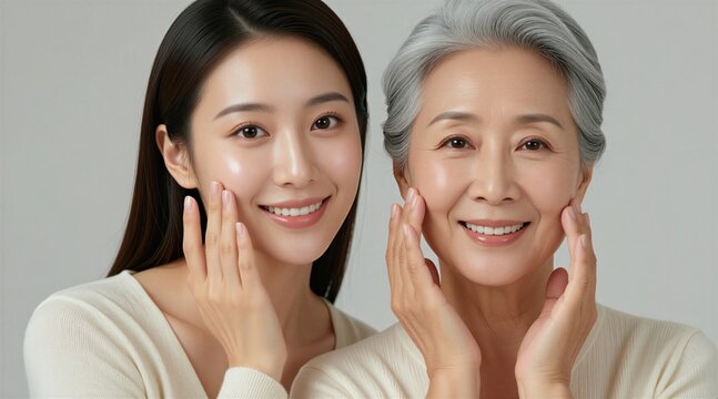 Young woman and her elderly mother touch faces gently. Two generations showing healthy skin. They smile, demonstrating good skincare practices and a close family bond.