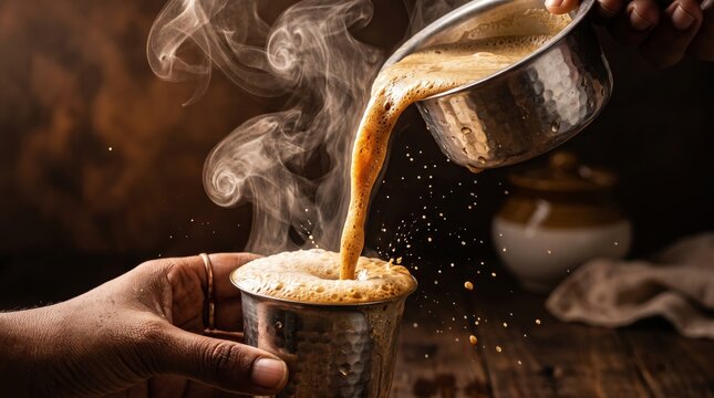 Fresh hot tea being poured into a cup with visible steam creating a warm and comforting atmosphere. Ideal for beverage, hospitality, culture, and relaxation themes.