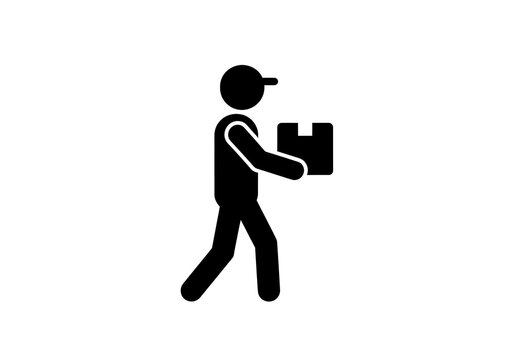 Minimalist black icon representing a person carrying a cardboard package for fast reliable delivery