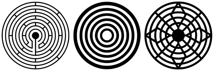 Fototapeta premium Three Circular Maze Designs with Intricate Black and White Patterns Featuring Design, Pattern, Labyrinth with Puzzle and Game