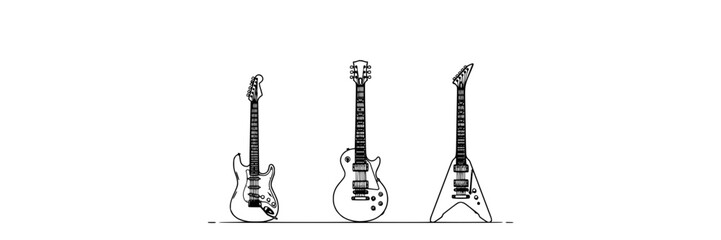 Obraz premium Three Black Electric Guitars with Different Designs and Shapes on a White Background Featuring Guitar, Music, Instrument