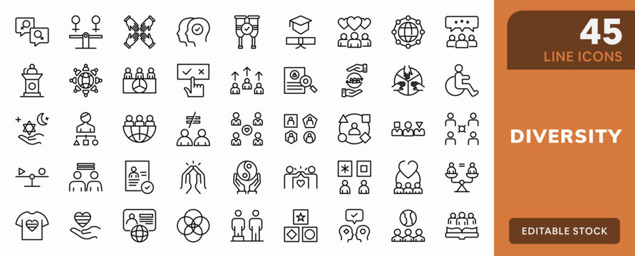 Diversity linear icon design. Containing People, family, human, population, profile, unity, multicultural collaboration vector design illustration.