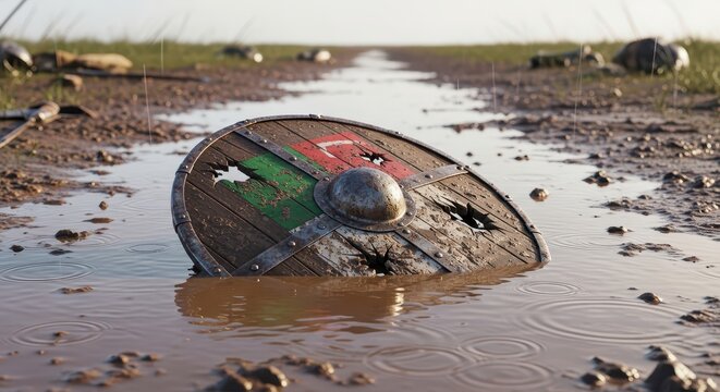 Ancient Viking Shield Lost in Muddy Puddle on Grassy Path, Symbol of Historical Conflict and Abandonment