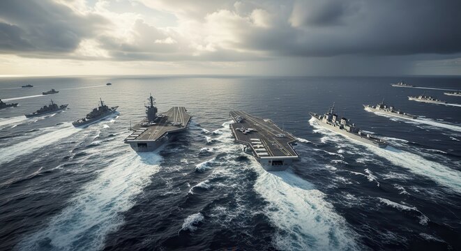 A powerful naval fleet, led by aircraft carriers, sails across a vast ocean under a dramatic, cloudy sky