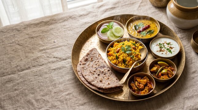 Authentic vegetarian meal served in a traditional thali with assorted curries, rice, bread, and side dishes. Perfect for food blogs, restaurants, and cultural cuisine.