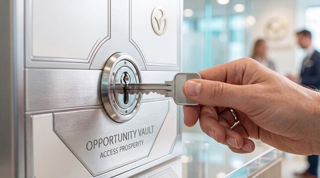 Hand inserting silver key into metal security vault lock plate with engraved text blurred office background