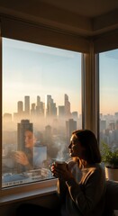 Fototapeta premium Young woman holding a steaming cup of coffee sitting by the window overlooking a modern city skyline at sunset in cozy apartment
