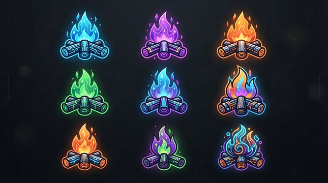 Vibrant neon campfire icon collection for game assets and digital interfaces featuring colorful stylized glowing flames