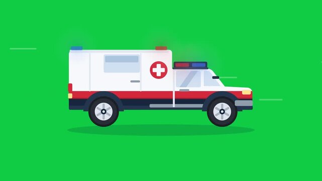 Medical Ambulance Vehicle Moving Across Bright Green Background Animation