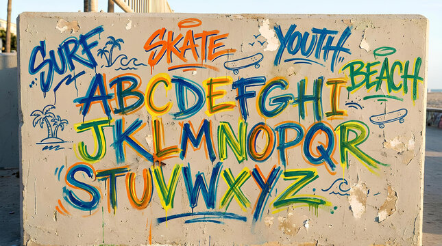 Urban graffiti alphabet mural on concrete wall.