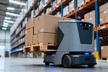Naklejka premium An autonomous mobile robot carrying a pallet of brown boxes through a spacious industrial warehouse.