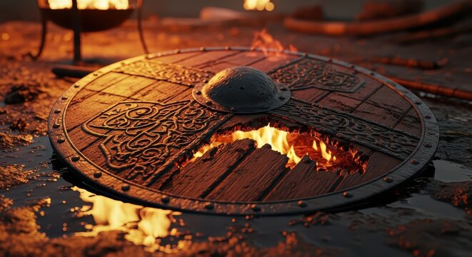 Ancient Viking Shield on Fire with Burning Embers and Reflections in Water