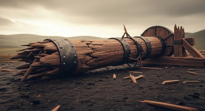 Ancient wooden battering ram lying on the ground, remnants of a siege weapon, medieval warfare concept
