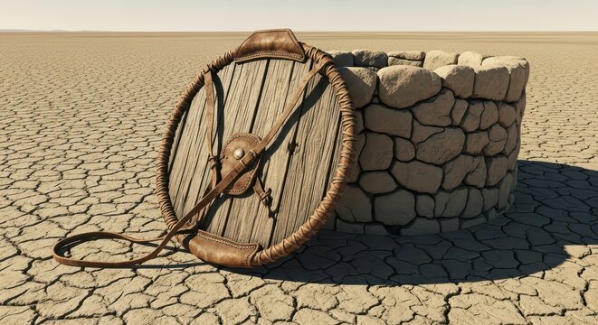 Ancient Viking shield resting by a dry well in a barren desert landscape under a clear sky