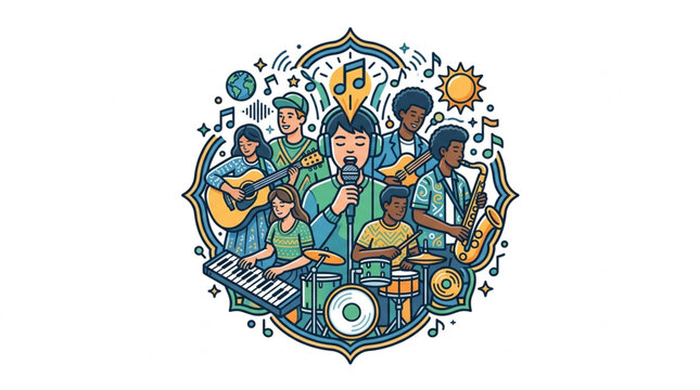 Colorful illustration of musicians playing various instruments together.