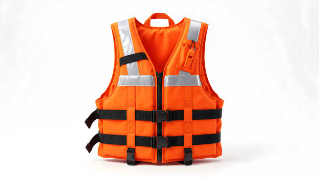 Orange life jacket with reflective strips on white background