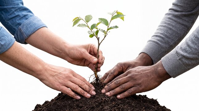 Diverse hands planting young tree sapling in soil, environmental conservation concept, people working together for reforestation and sustainability
