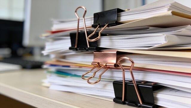 Cluttered desk with stacks of papers and office clips in professional workspace