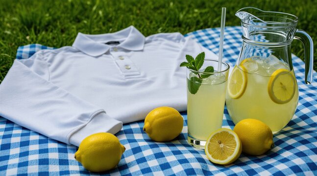 White long sleeve polo shirt rests on blue checkered picnic blanket with cold lemonade, fresh lemons. Glass jar with ice mint drink sits near comfortable cotton clothing on green grass field during