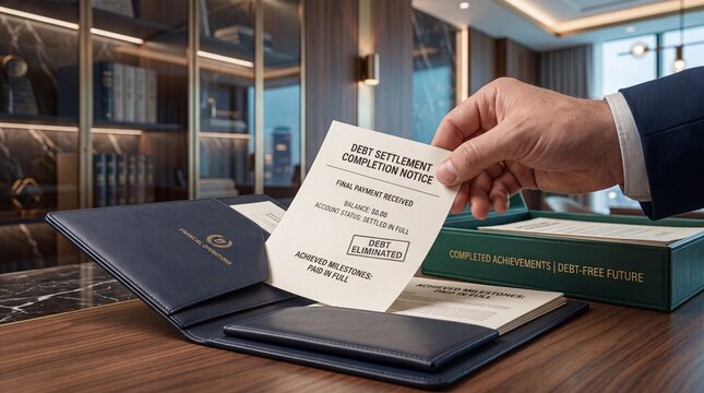 Hand holding debt settlement completion notice with zero balance with holding financial document over leather portfolio