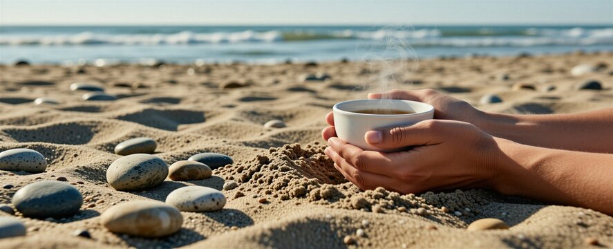 Person holds steaming ceramic cup on sandy beach. Woman relaxes by ocean waves during morning vacation trip. Hot drink warms hands on tropical shore. Calm atmosphere provides mental peace. Nature