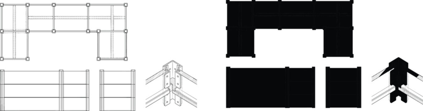 Professional technical drawing and blueprint of modular office workstation layout and assembly details