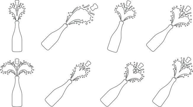 Collection of hand drawn sketches featuring wine bottles being uncorked with spraying foam isolated on white background champagne sparkling celebration