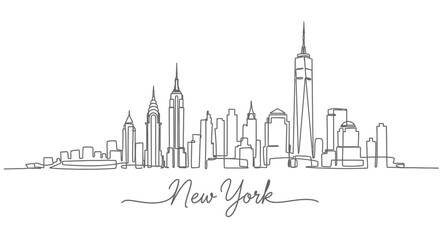 Fototapeta premium Continuous line drawing of New York City skyline. Iconic skyscrapers outline.