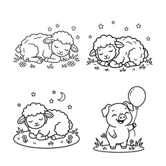 Sleeping sheep and pig with balloon black and white vector illustration on white background
