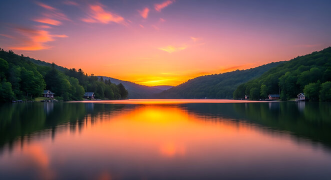 Serene sunset over calm lake surrounded by lush green forests