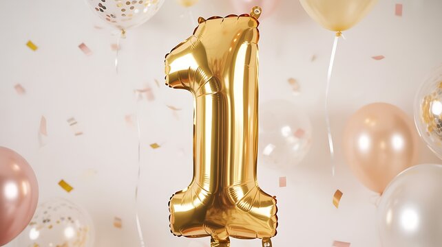 Shiny gold foil balloon number one isolated on white background, first birthday concept.