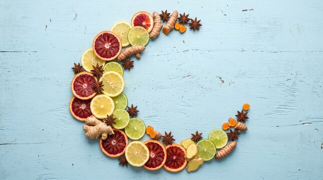 Crescent arrangement of blood oranges, lemons, limes, ginger root and star anise on light blue rustic wooden background, top view flat lay with copy space