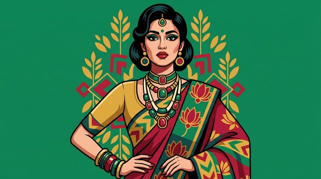 Digital illustration of a traditional Indian woman wearing gold and red attire with jewelry, set against green backdrop