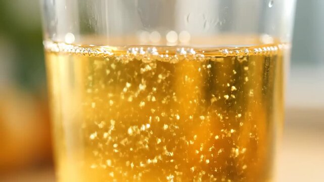 Close up of sparkling drinks in a glass, golden air in a glass