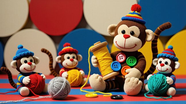 Small handmade sock monkey dolls wear knitted hats in bright studio. Cute plush toys play with colorful wool yarn balls, round buttons on floor. Group of stuffed animals enjoy hobby time with textile