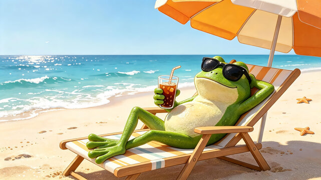 Cool Frog with Sunglasses Relaxing on Beach Chair, Holding Cold Drink Under Sunshade, Humorous Summer Concept