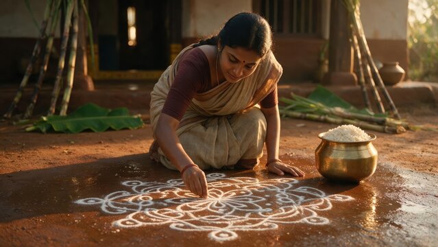 Woman creating an intricate decorative rangoli pattern in front of her home using traditional techniques. Perfect for culture, festivals, heritage, and celebration themes.