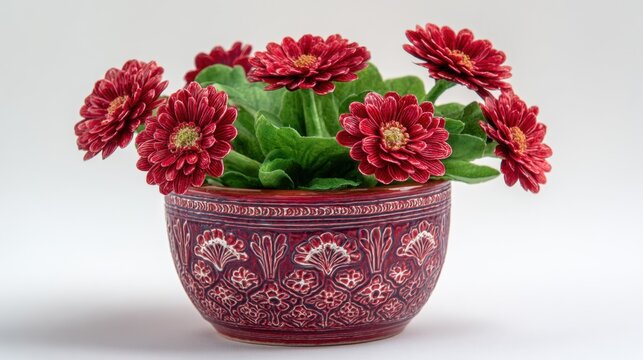 Beautiful Red Gerbera Daisies in Decorative Ceramic Pot with Green Foliage for Stunning Home Decoration