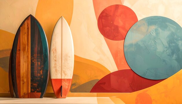Tablas de surf apoyadas frente a un mural abstracto de formas geom&eacute;tricas y colores c&aacute;lidos
