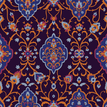 Dark Purple Orange Floral Damask Motif